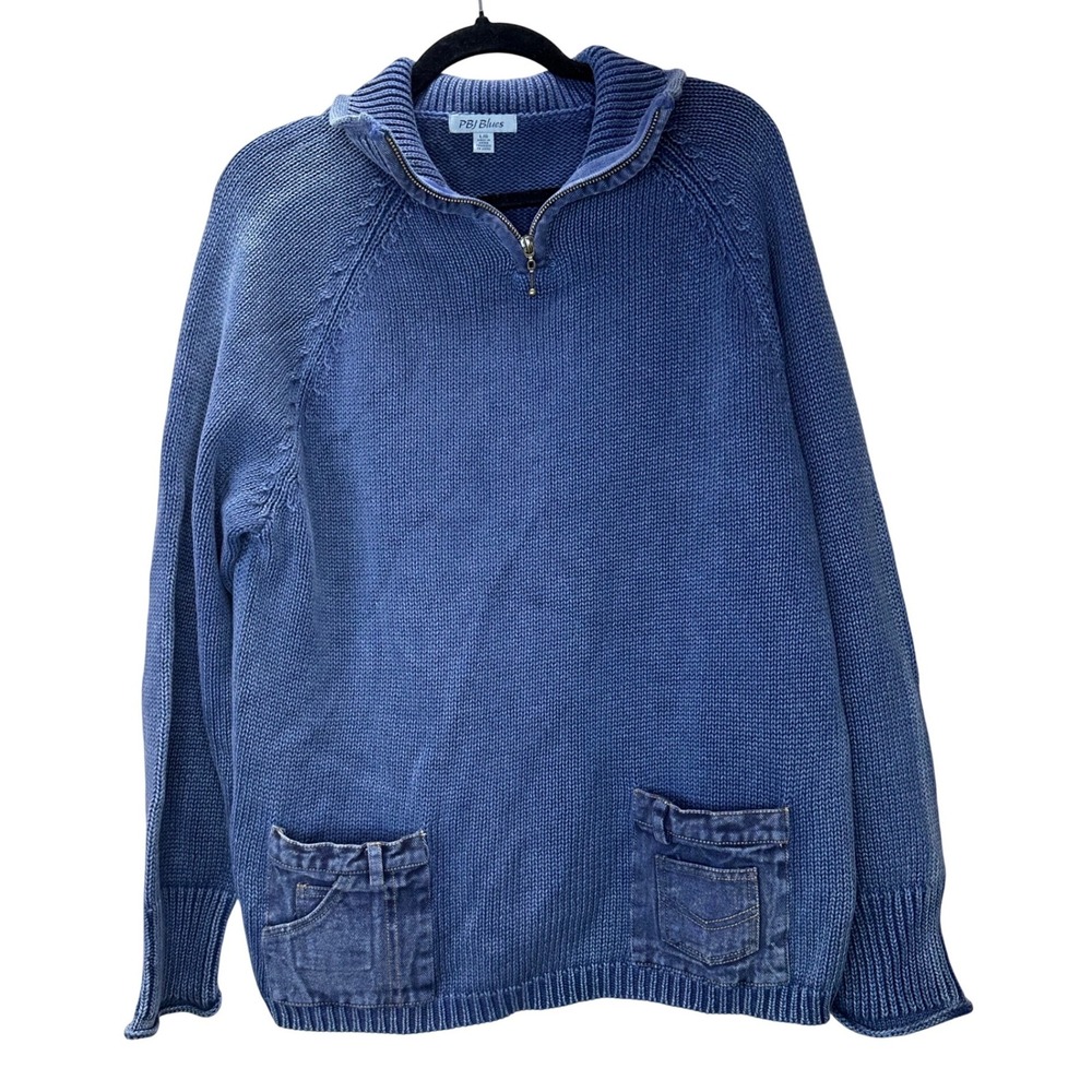 PBJ Blues VTG Acid Wash Quarter Zip‎ Knit Sweater Denim Pockets Large Deadstock